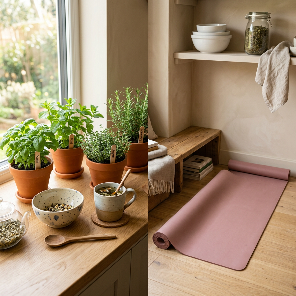 Potted herbs beside tea and a pink yoga mat in a bright home